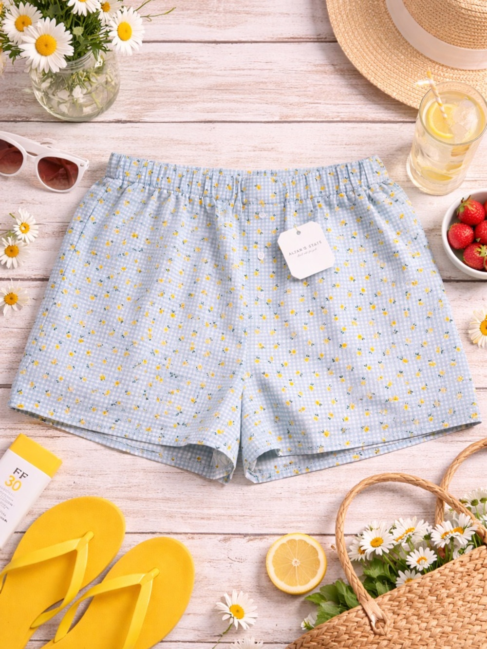 Altar’d State Lemon Gingham Boxer Shorts NWT Blue Yellow Cottagecore Lounge L